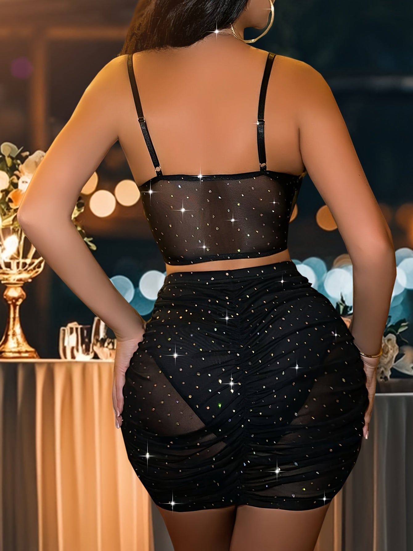 European and American Hot Selling Sexy Peep Toe Sequin Vest Nightclub Babe Deep V Pleated Hip Bag Skirt Set